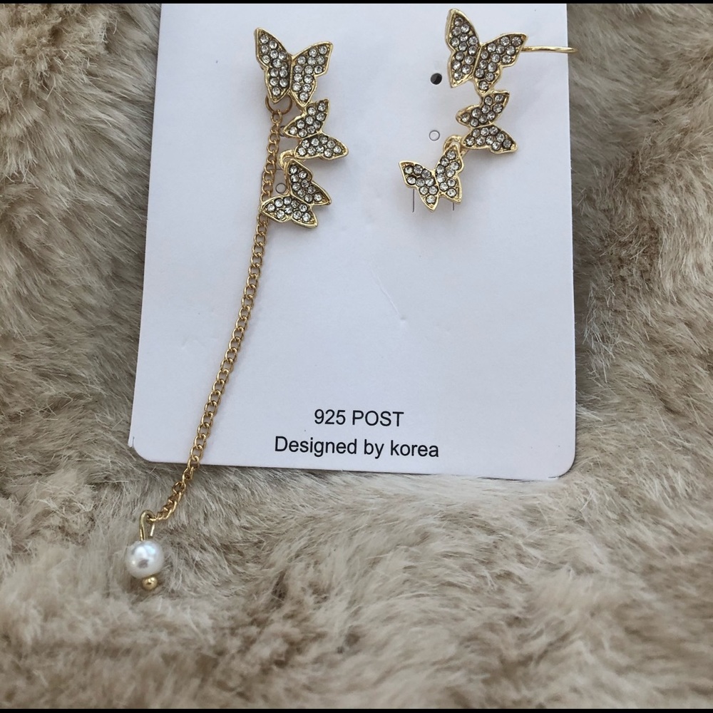 Gold plated butterfly drop and cuff earrings